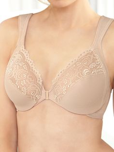 Looking beautiful and feeling confident come naturally when wearing this elegant front-closure bra. That's because the brassiere combines moisture-wicking cups with hidden bands to support the bust while preventing the underwire from touching your body. The result is all-day comfort (no poking underwires, here!) and shaping that makes you look your best. Front-close styleMoisture-wicking lace cupsHidden-comfort bandsSide-shaping panelsWide, adjustable strapsNylon/polyester/spandexHand wash, line Classic Underwire Bra With Soft Touch, Supportive Underwire Bra With Moderate Coverage, Elegant Full Cup Bra With Soft Touch, Elegant Full Cup Soft Touch Bra, Elegant Supportive Full Coverage Nursing Bra, Elegant Full Coverage Soft Touch Bra, Elegant Soft Touch Bra, Feminine Full Coverage Bra With Medium Bust Support, Elegant Full Coverage Nursing Bra With Medium Support