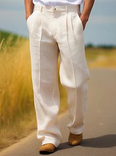 Voor heren Wafelstof Pakken Broek broek Kostuumbroek Voorvak Recht been Effen Comfort liiketoiminta Dagelijks Feestdagen Modieus Chique en modern Zwart Wit 2024 - IDR Rp408358 Flared Linen Pants, White Pants Men, Linen Pants Suit, Mens Linen Pants, Plaid Dress Pants, Pants Linen, Moda Streetwear, Streetwear Mode, Cotton Linen Pants