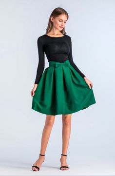 Material: Polyester, Cotton • Dresses Length: Knee-Length • Style: Casual • Decoration: Bow • Silhouette: A-Line • Waistline: Empire • Type: Solid Green Casual Dress With Pleated Skirt, Casual Green Dresses With Pleated Skirt, Green Flowy Skirt For Fall, Winter A-line Dress With Pleated Skirt, Green Skirted Dress For Party, Green Skirted Party Dress, Stretch Flared Skirt Dress, Winter Fitted Dress With Flared Skirt, Casual Green Dress With Lined Skirt