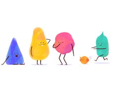 an image of three cartoon fruits walking in the same direction with one orange, one blue and one yellow