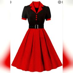 Nwt Red And Black Polka Dot Dress Spliced Polo Neck W Belt Vintage 1950s Style. Size Medium. Will Happily Bundle With Any Other Items Or Listings, Ship Same Or Next Day, And Will Package With Extreme Care. Thank You So Much For Looking And Have A Wonderful New Year! 1950s Fashion Women Outfits, Black 50s Dress, Hsr Oc, 1950’s Dress, 1950s Fashion Women, Retro Clothes, Character Prompts, Black Polka Dot Dress, Pin Up Outfits