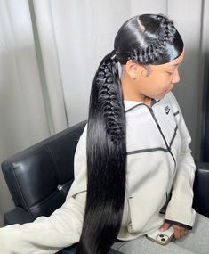 Swoop Ponytail With Fishtail Braid, Two Ponytails With Bows, Swoop Ponytail Weave Curly, Breezy Wave Ponytail, Sleek Ponytail Hairstyles For Black Hair, Hairstyles For 13th Birthday, Ponytail Styles With Weave, Two Part Ponytail, Swoop Half Up Half Down