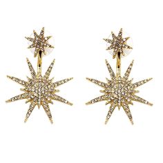 Shop the Jewelry Collection at The Bagtique. Pave Starburst Ear Jacket Drop Earrings Shine like the night sky with these sparkling Starburst Drop Earrings. They can be worn as simple star-shaped studs or with the earring jackets attached for an extra dos Wedding Earrings Vintage, Star Drop Earrings, Pave Earrings, Gold Starburst, Atomic Starburst, Starburst Earrings, Crystal Bridal Earrings, Snowflake Earrings, Stud Style