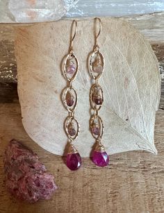 Gold filled dangle earrings with pink tourmaline gemstones Rose Gold Gemstone Dangle Jewelry, Rose Gold Dangle Jewelry With Gemstone, Handmade Tourmaline Dangle Jewelry, Elegant Wire-wrapped Tourmaline Jewelry, Elegant Wire Wrapped Tourmaline Jewelry, Elegant Tourmaline Wire Wrapped Jewelry, Fine Jewelry Pink Gemstone Accents, Gold Tourmaline Dangle Jewelry, Tourmaline Dangle Earrings As Gift