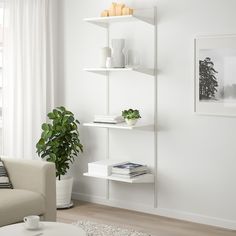 a living room filled with furniture and a plant on top of a white shelving unit