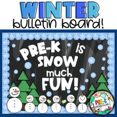 winter bulletin board with snowmen and trees