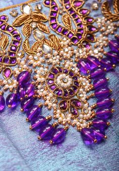 Periwinkle Pure Raw Silk Blouse With Necklace and Bajubandh Hand Jadau Embroidery, Made to Order - Etsy Necklace Embroidery, Raw Silk Blouse, Above Elbow, New Blouse Designs, Contemporary Elements, Purple Beads, Girls Blouse, Beautiful Coffee, Charm Making