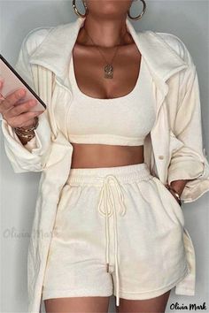 Olivia Mark - Ladies Cream White Casual Solid Cardigan Long Sleeve Three-Piece Set featuring Turn-Down Collar Casual Cream Sets For Fall, Casual Cream Sets For Spring, White Summer Outerwear For Loungewear, Casual Fitted Cream Sets, Fitted Cream Casual Sets, Ținute Business Casual, Beige Crop Tops, White Fashion Casual, Two Piece Short Set