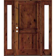 a wooden door with glass panels and sidelights