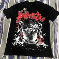 Black Hellstar Graphic Tee Size Medium Tags Come With Shirt Labeled Chrome Hearts Because No Hellstar Casual Black T-shirt With Star Print, Black Casual T-shirt With Star Print, Black Short Sleeve Tops With Star Print, Black Star Print Casual T-shirt, Casual Black Top With Star Print, Black Edgy Shirt With Graphic Print, Black Cotton Tops With Star Print, Black Cotton Top With Star Print, Black Cotton Punk Style Shirt