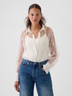 Soft, sheer lace shirt.  Point collar.  Long sleeves with button cuffs.  Button front.  * Fit: Classic.  A straight & easy fit.  Hits at the hip.  Models wearing Gap Sheer Lace Shirt, Women Shirt Top, Chunky Knitwear, Formal Shirts For Men, Newborn Dresses, Party Tops, Lace Shirt, Long Sleeve Pyjamas, Matching Dresses