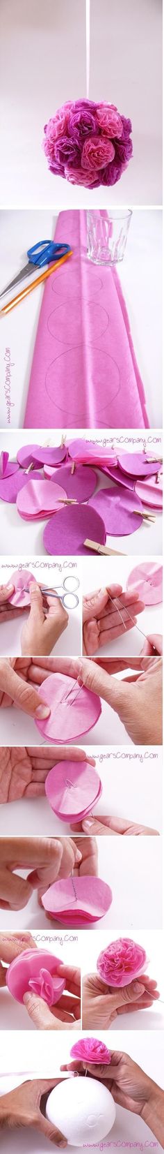 the process of making paper flowers is shown in pink and white colors, including petals