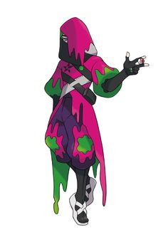 a cartoon character dressed in pink, green and purple paint splattered on his body