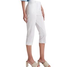 Zipped Up Button Closure Capri Fit Pockets Size 16 White Knee-length Capris For Spring, White Knee-length Spring Capris, Spring Stretch Pants With Button Zip Fly, White Mid-rise Capris For Summer, Spring Workwear Bottoms With Button Zip Fly, Spring Workwear Capris, Knee-length, Spring Capris With Pockets, Spring Workwear Knee-length Capris, Elegant Cropped Leg Capris For Spring