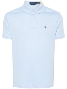 light blue cotton jersey texture polo collar short sleeves front button placket signature Polo Pony motif side slits straight hem Fitted Light Blue Short Sleeve Polo Shirt, Light Blue Short Sleeve Polo Shirt For Summer, Light Blue Fitted Polo Shirt With Polo Collar, Fitted Light Blue Polo Shirt With Polo Collar, Fitted Light Blue Polo Shirt, Light Blue Summer Polo Shirt, Light Blue Cotton Polo Shirt For Summer, Classic Light Blue Polo Collar Top, Classic Fitted Blue Polo Shirt