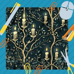 a tree with candles, scissors and other items surrounding it in front of a blue background