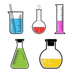 four beakles filled with different colored liquids and flasks, all containing liquid