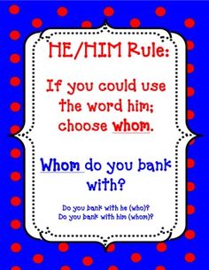 a blue and red polka dot background with the words he / him rules if you could use the word him, choose whom