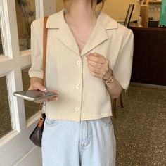 Notched Style Collar Cropped Blouse Shirt – Tomscloth Short Sleeve Blouse Outfit, Short Sleeve Blouses, Hong Kong Style, Cropped Style, Crop Blouse, Short Sleeve Blouse, Style Design, Short Tops, Women Crop