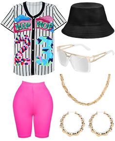 PRICES MAY VARY. 【80s 90s Neon Costumes & Accessories Set】Includs 6 accessories, baseball jersey shirt x1, yoga pants x1, bucket hat x1, artificial gold rope chain x1, hip hop glasses x1, 1 pair of earrings. This complete outfit and accessory set is perfect for any 80s 90s-themed party, allowing you to stand out and express your hiphop style. 【Bright Colored Accessories】Bright and colorful colors make you stand out at parties in the 80s 90s. Baseball jersey shirt, short sleeve yoga pants, and mo Women's 90s Outfits, 90s Baseball, Hiphop Style, Hip Hop Costumes, Barbie Costume, Outfit For Women, Unisex Clothes, Baseball Jersey Shirt, 90s Outfit