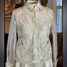 New With Tags Gorgeous Embroidered Sheer Blouse Set By ~ Jordan Size ~ Small Embroidered Long Sleeve Formal Tops, Embroidered Long Sleeve Tops For Formal Occasions, Long Sleeve Top With Floral Embroidery For Weddings, Long Sleeve Tops With Intricate Embroidery For Wedding, Wedding Long Sleeve Top With Floral Embroidery, White Long Sleeve Shirt With Machine Embroidery, Elegant Long Sleeve Embroidered Shirt, Embroidered Long Sleeve Wedding Top, Formal Long Sleeve Tops With Intricate Embroidery