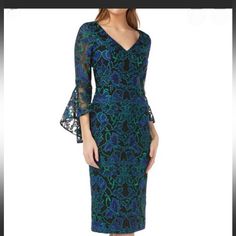 New With Tags Embroidered All Over Zip Fastening On The Back Long Sleeves Byb 1.88 Blue Floral Embroidery Midi Dress For Evening, Blue Floral Embroidered Midi Dress For Evening, Blue Fitted Midi Dress With Floral Embroidery, Fitted Floral Embroidered Midi Dress For Formal Occasions, Formal Fitted Midi Dress With Floral Embroidery, Formal Fitted Floral Embroidery Midi Dress, Formal Embroidered Sheath Dresses, Embroidered Blue Cocktail Dress, Blue Embroidered Cocktail Dress