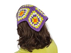 "Crochet Bandana, Hair Kerchief, Purple granny square triangle head scarf, Retro Bandana, hair kerchief, Zara Model kerchief, boho bandana I am using high quality cotton yarns like Alize Cotton Gold and Yarn Art Jeans in my products. % 100 handmade Any of my crocheted items can be made to order in your choice of colors and design. If you wish to place a custom order please note in the \"notes to seller\" and arrangements can be made. I will work with you to choose custom colors to create the per Granny Square Triangle, Purple Granny Square, Triangle Head Scarf, Hair Kerchief, Boho Bandana, Zara Models, Triangle Head, Kerchief Hair, Art Jeans