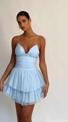 Hoco Dress Inspo, Dress Baby Blue, Mesh Mini Dress, Hoco Dress, Ruffle Mini Dress, Nightingale, Silver Heels, Hoco Dresses, Dress Inspo