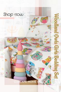 a child's bed with colorful toys on it and the words shop now in english