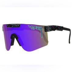 a pair of sunglasses with purple mirrored lenses