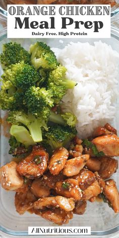 an orange chicken meal with rice and broccoli