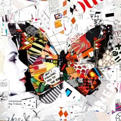 a woman's face is surrounded by many different pieces of paper