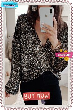 Holiday Glow Sequin V Neck Blouse Sequins Blouse, Loose Clothing, Gilet Long, Sequin Shirt, Long Sleeve Sequin, Loose Outfit, Puff Sleeve Blouse, V Neck Cardigan, Wrap Blouse