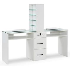 a white desk with glass shelves and drawers on the top, against a white background