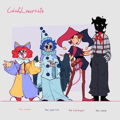 four cartoon characters dressed up as clowns, witches and cats with caption that says cool halloween