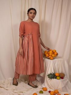 Peach Cotton Loquat Panel Gathers Dress By Silai now available at Trendroots Orange Cotton Midi Dress For Daywear, Striped Cotton Midi Dress Knee-length, Peach Plain, Gathers Dress, Printed Cotton Fabric, Gathered Dress, Best Deal, Dress 100, Xl Dress