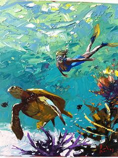 an oil painting of two people swimming in the ocean with seaweed and other marine life