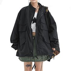 Oversized Harajuku Outerwear For Streetwear, Black Harajuku Style Cotton Outerwear, Harajuku Style Cotton Outerwear With Pockets, Black Cotton Harajuku Outerwear, Harajuku Style Black Spring Outerwear, Black Harajuku Style Outerwear For Spring, Black Techwear Utility Jacket With Pockets, Black Techwear Outerwear With Pockets, Black Techwear Windbreaker With Pockets