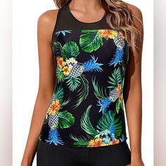 New With Tags Padded Bra & Tummy Control Racerback Black Tropical Print Tankini For Summer, Black Tropical Print Tankini For Swimming, Black Summer Tankini With Tropical Print, Black Tropical Print Summer Tankini, Black Tropical Printed Tankini, Black Tropical Stretch Swimwear, Black Backless Tank Top For Beach, Fitted Racerback Tank Top For Poolside, Fitted Green Tank Top For Swimming