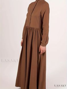 Lasaky - Womens Plus Size Casual Abaya Dress: Solid Button-Up Long Sleeve Maxi Dress Modest Long Sleeve Maxi Dress With Buttons, Brown Long Sleeve Dress With Buttons, Brown Long Sleeve Midi Dress With Buttons, Brown Long Sleeve Dress With Button Closure, Modest Buttoned Fall Dresses, Modest Buttoned Dresses For Fall, Modest Long Brown Maxi Dress, Modest Fall Dresses With Buttons, Brown Buttoned Maxi Dress For Spring