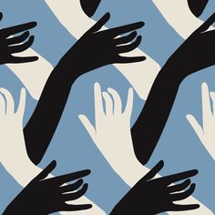 many hands reaching up in the air to reach out from blue and white squares,