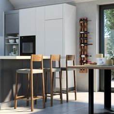 a kitchen with white cabinets and wooden stools