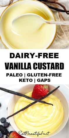 dairy - free vanilla custard in a bowl with strawberries on the side