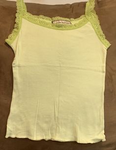 GIRLS TANK TOP SIZE M LIME LACE TRIM SUPER CUTE!!. Worn 1x Lime Green Cotton Tops For Summer, Yellow Tops With Crochet Trim For Spring, Stretch Cotton Tops With Lace Trim, Green Scoop Neck Camisole For Spring, Green Cotton Tank Camisole, Lime Green Sleeveless Casual Top, Casual Yellow Tops With Lace Trim, Casual Lime Green Sleeveless Top, Summer Scoop Neck Top With Lace Trim