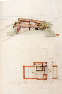 an architectural drawing of a house on top of a hill