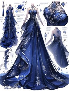 the dress is blue and has white flowers on it, as well as an elaborate design