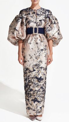 Description Multicolor Column, Long dress Puffed, Long Sleeves Closed neckline Brocade Dry Clean Evening Dress Fouz Algerian Dress, Marchesa Couture, Damask Dress, Fashion Figure, Brocade Dress, Brocade Dresses, Midi Dress Style, Dream Dresses, Column Dress