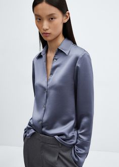 Satin buttoned shirt - Women | MANGO USA Button Shirt Women, Soft Summer Palette, Buttoned Shirt, Satin Shirt, Button Shirt, Jeffrey Campbell, Smart Casual, Medium Blue, Karl Lagerfeld