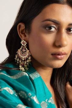 Gold plated chandbali earrings with pink and green onyx, kundan and pearls embellishments. - Aza Fashions Chandbali Earrings Gold, Gold Chandbali, Chandbali Earrings, Luxury Sale, Jewellery Earrings, Traditional Jewelry, Green Onyx, Medical School, Modern Bride