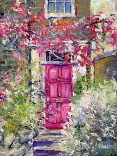 a painting of a pink door in front of a house